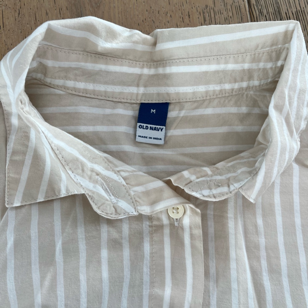 Old Navy Striped Mini Shirt Dress Medium Neutral Stripe 100% cotton Tan Sleeve - Picture 2 of 5